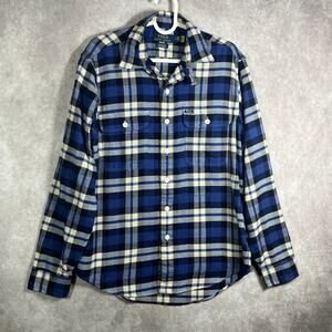 Polo Ralph Lauren Shirt Mens Medium Blue Gray Plaid Flannel Button Up Preppy‎